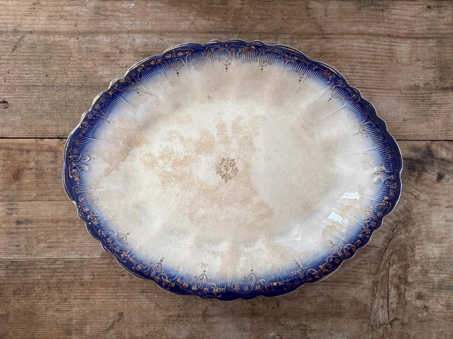 Limoges Antique Flow Blue Serving Transferware Platter Ironstone Distressed Crazed Plate Scalloped Oval