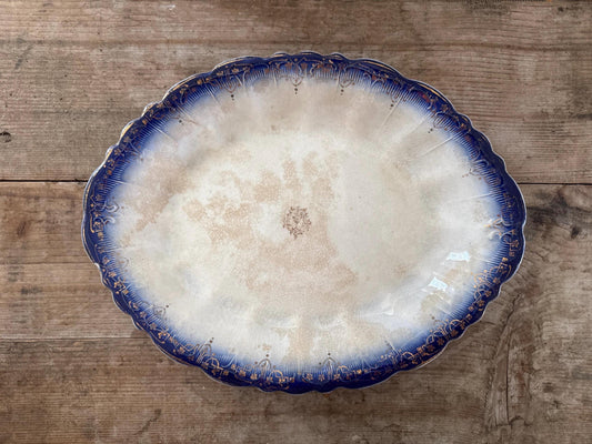 Limoges Antique Flow Blue Serving Transferware Platter Ironstone Distressed Crazed Plate Scalloped Oval