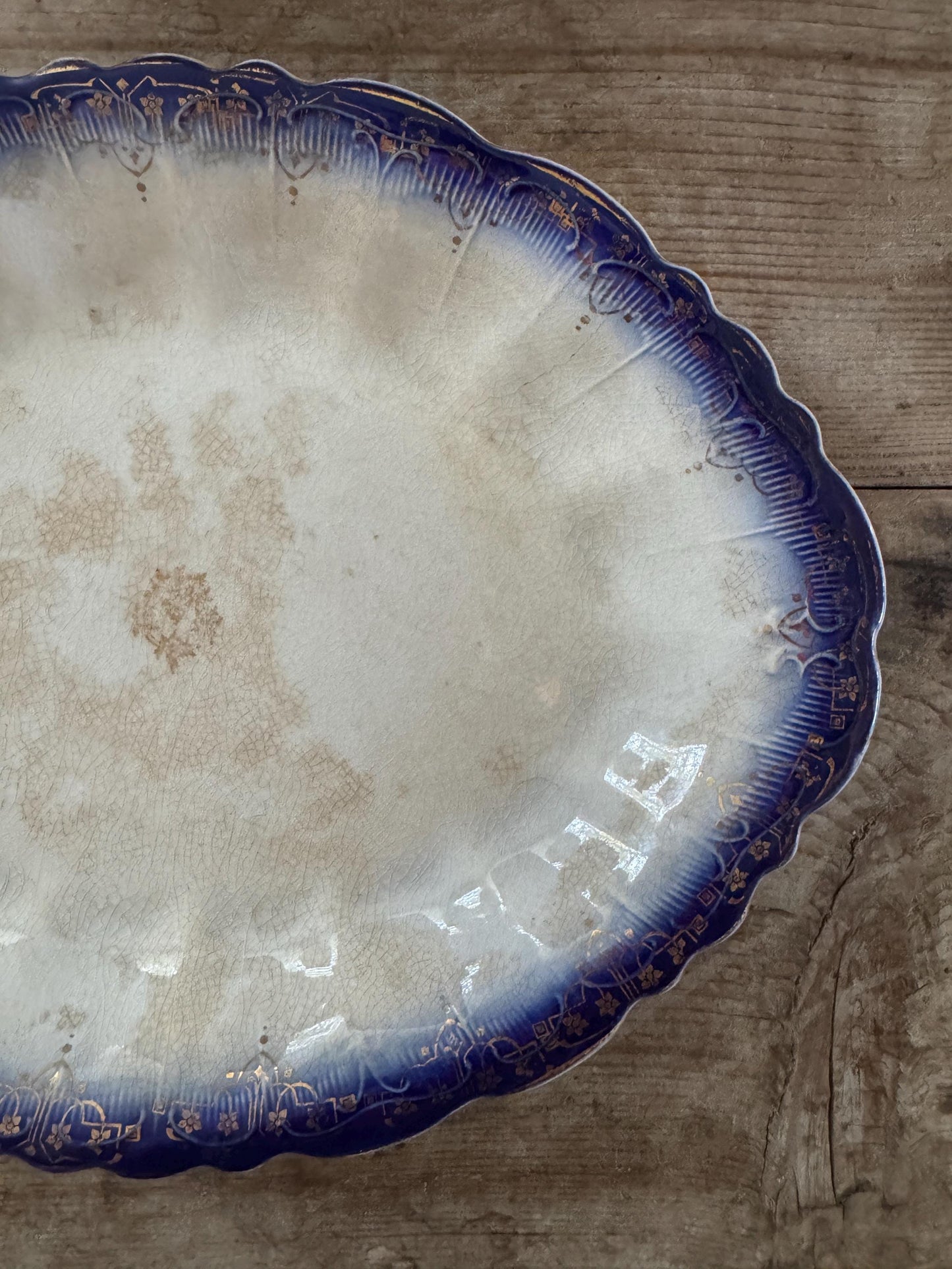 Limoges Antique Flow Blue Serving Transferware Platter Ironstone Distressed Crazed Plate Scalloped Oval