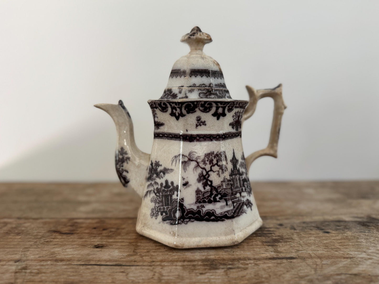 Antique 1800s Teapot English Flow Black White Ironstone Tea Pot Pitcher Crazed Stained