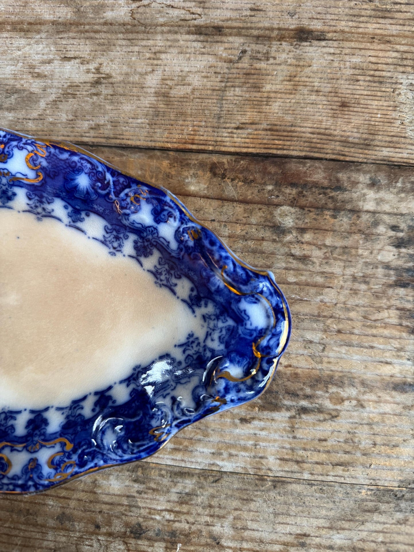 Antique Flow Blue Relish Dish Stained England Blue Transferware Relish Dish Ironstone