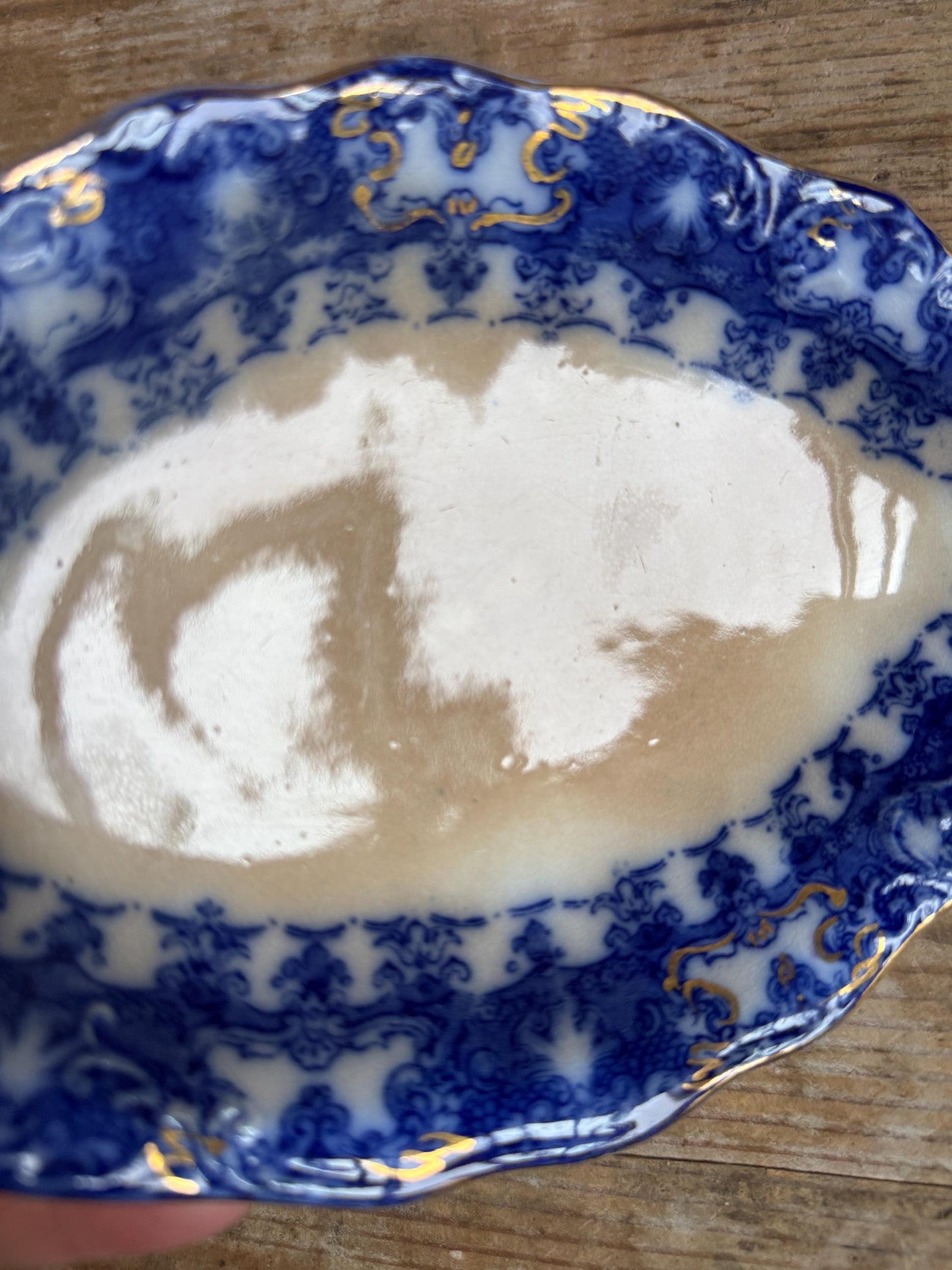 Antique Flow Blue Relish Dish Stained England Blue Transferware Relish Dish Ironstone