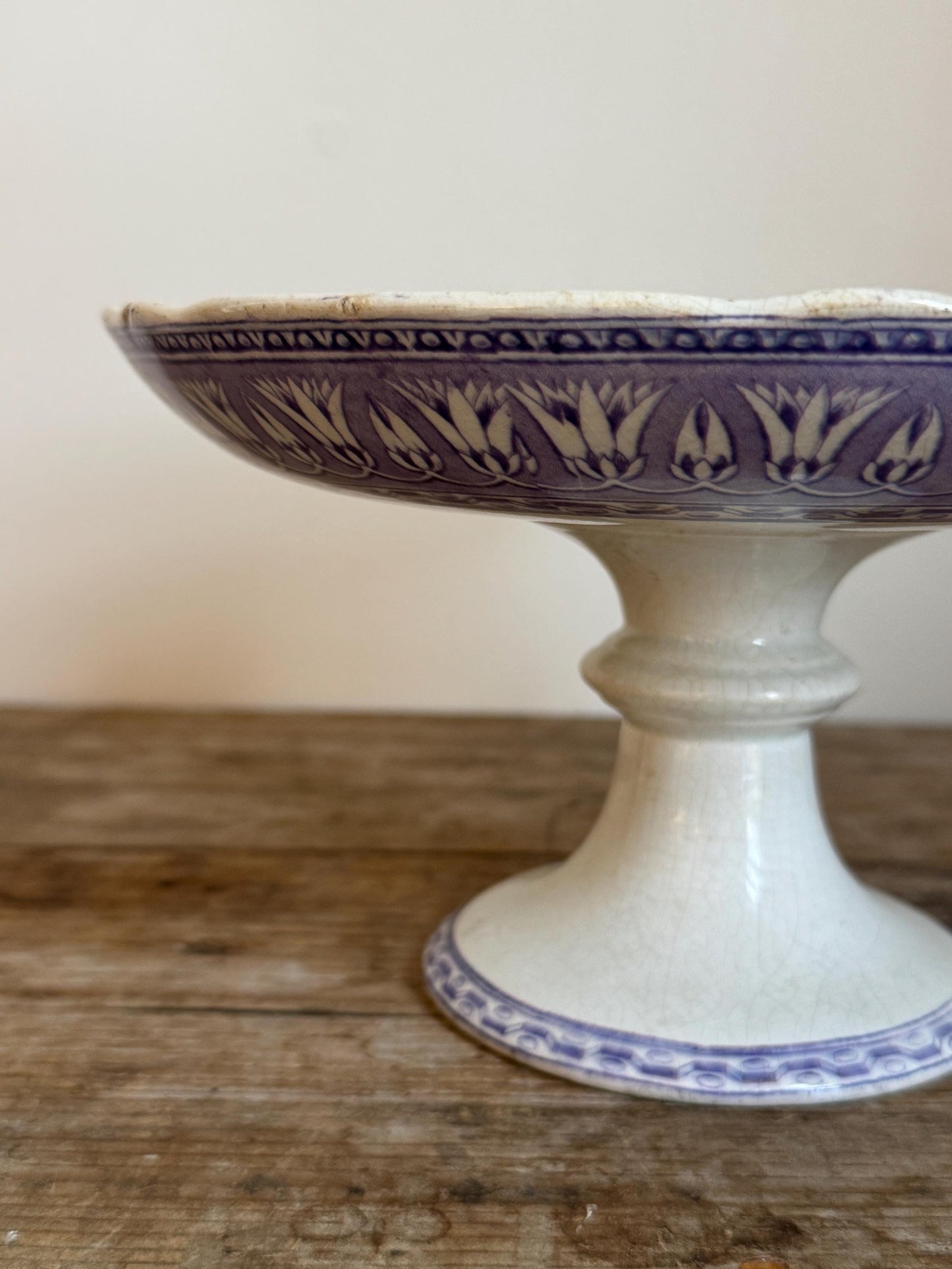 Antique Purple Raised Ironstone Compote Dish Stained Crazing Bowl Plate Small Serving Piece