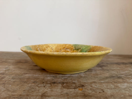 Antique Yellow Green Leaf Distressed Majolica Bowl Shallow