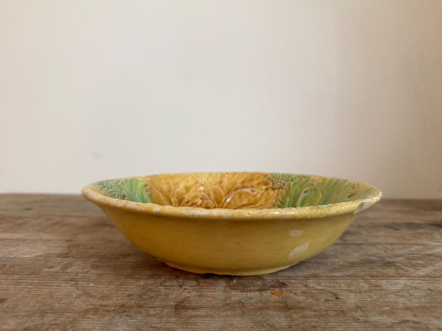 Antique Yellow Green Leaf Distressed Majolica Bowl Shallow