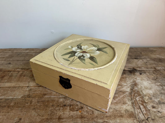 Vintage Wood Painted Floral Lilly Box Distressed Farmhouse Jewelry Cottagecore Decor