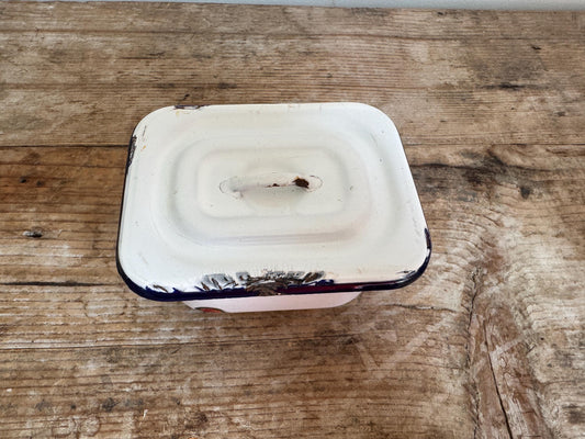 Vintage White Navy Blue Enamelware Refrigerator Dish Box Distressed Case Metal