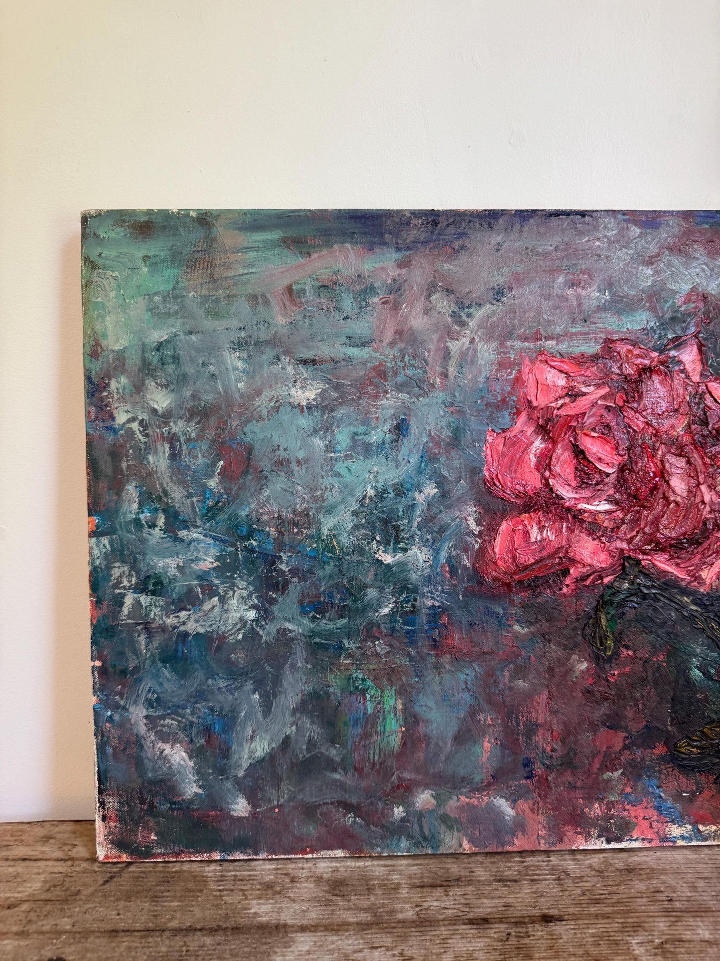 Vintage Impasto Rose Expressionist Floral Art Stretched Canvas 18x24" Original