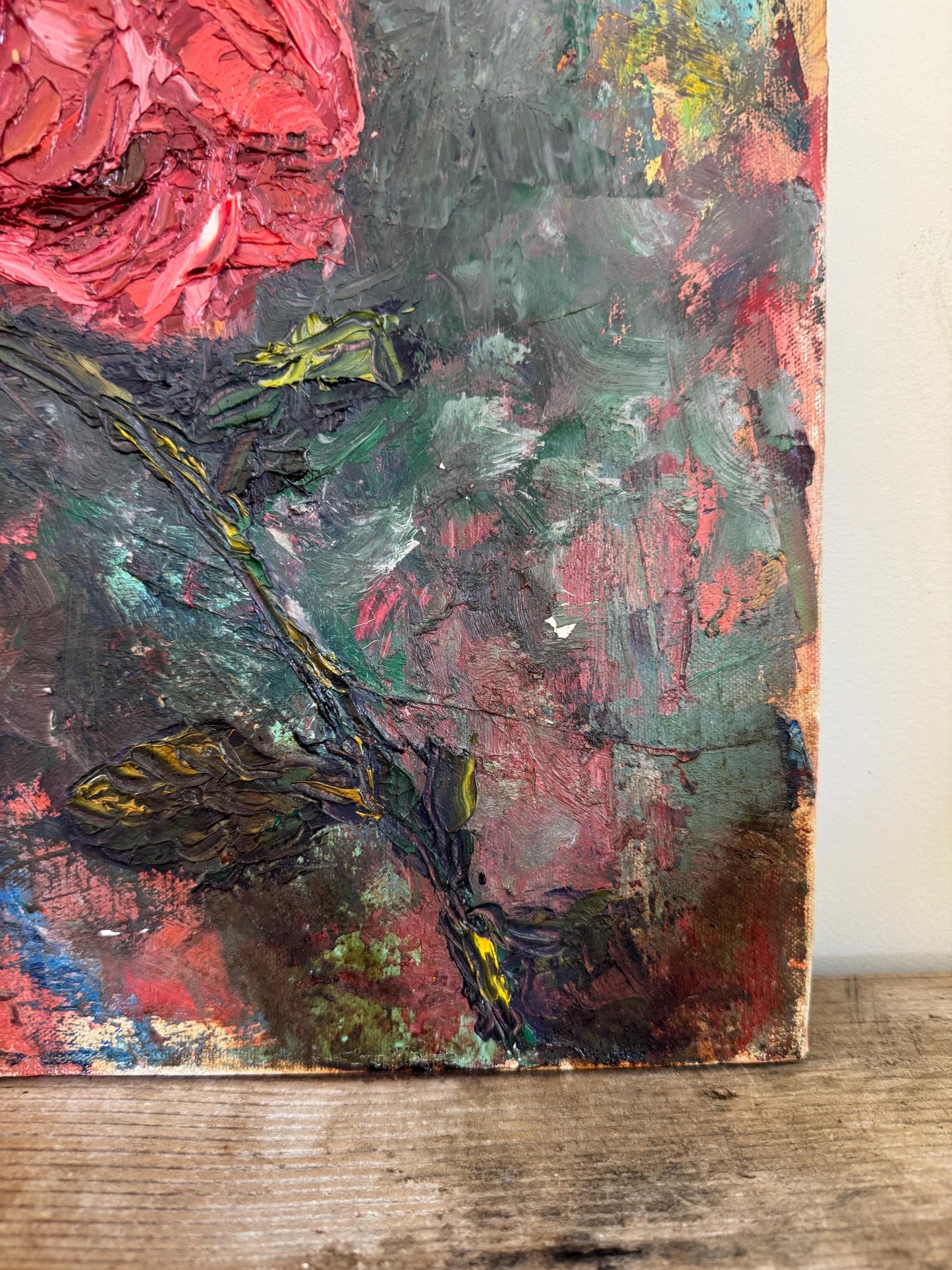 Vintage Impasto Rose Expressionist Floral Art Stretched Canvas 18x24" Original