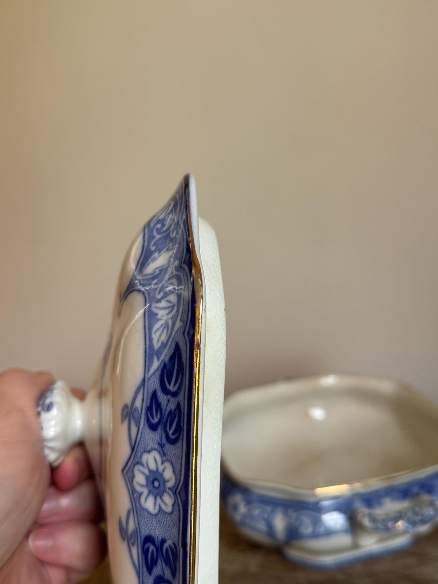 Antique Burgess & Leigh Haddon Burleighware Covered Flow Blue Ironstone Covered Vegetable Dish Tureen