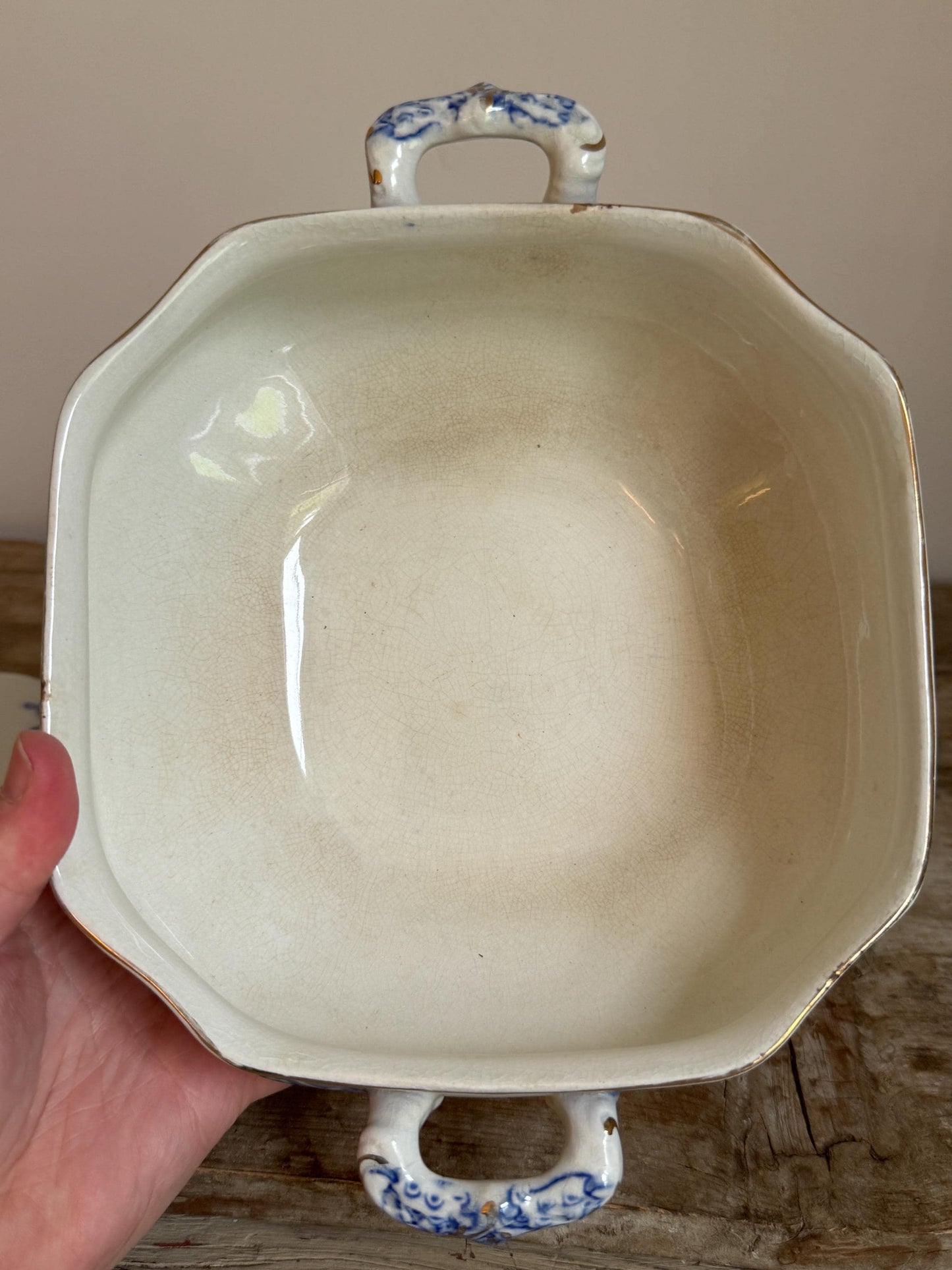 Antique Burgess & Leigh Haddon Burleighware Covered Flow Blue Ironstone Covered Vegetable Dish Tureen