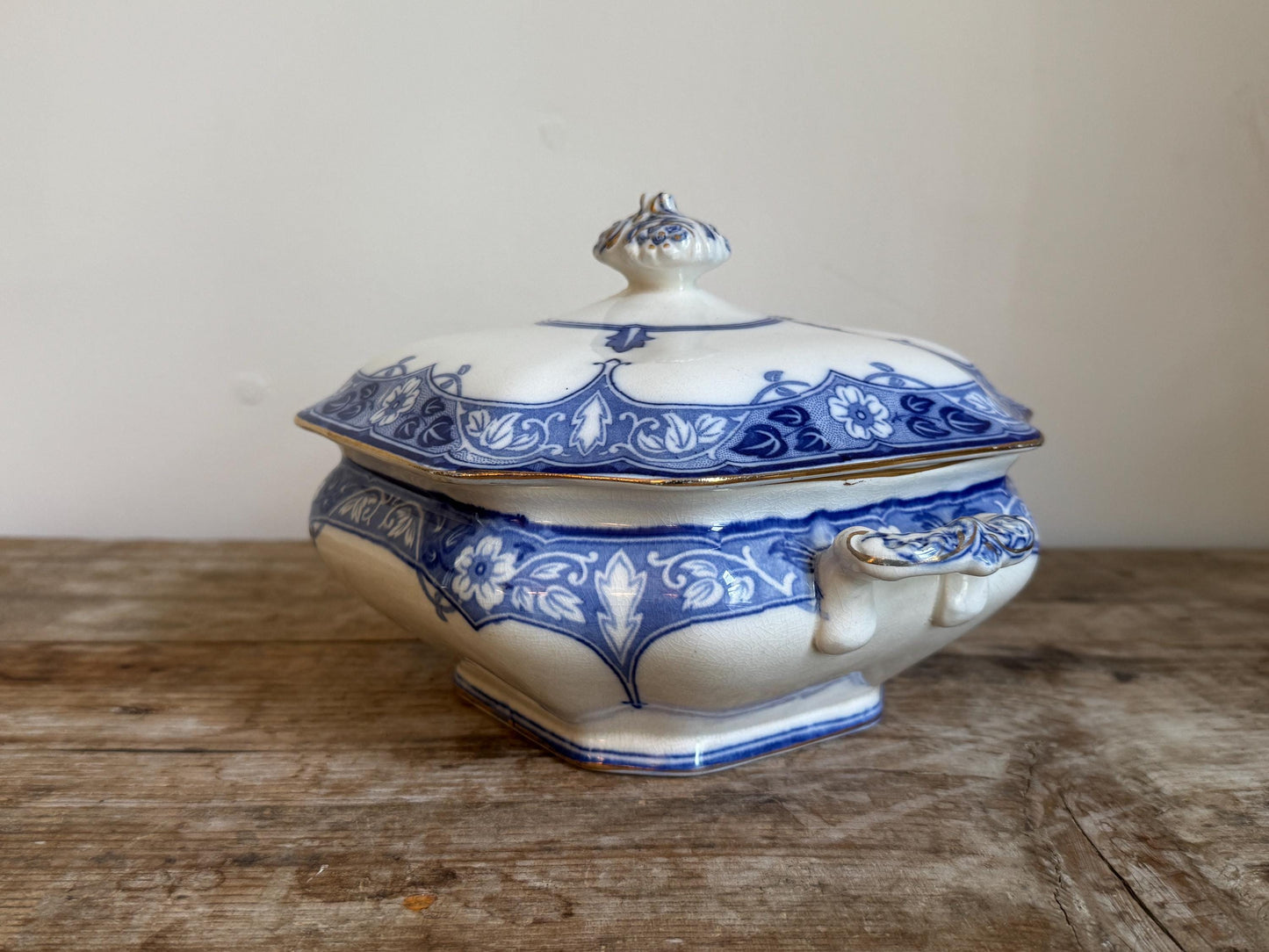 Antique Burgess & Leigh Haddon Burleighware Covered Flow Blue Ironstone Covered Vegetable Dish Tureen