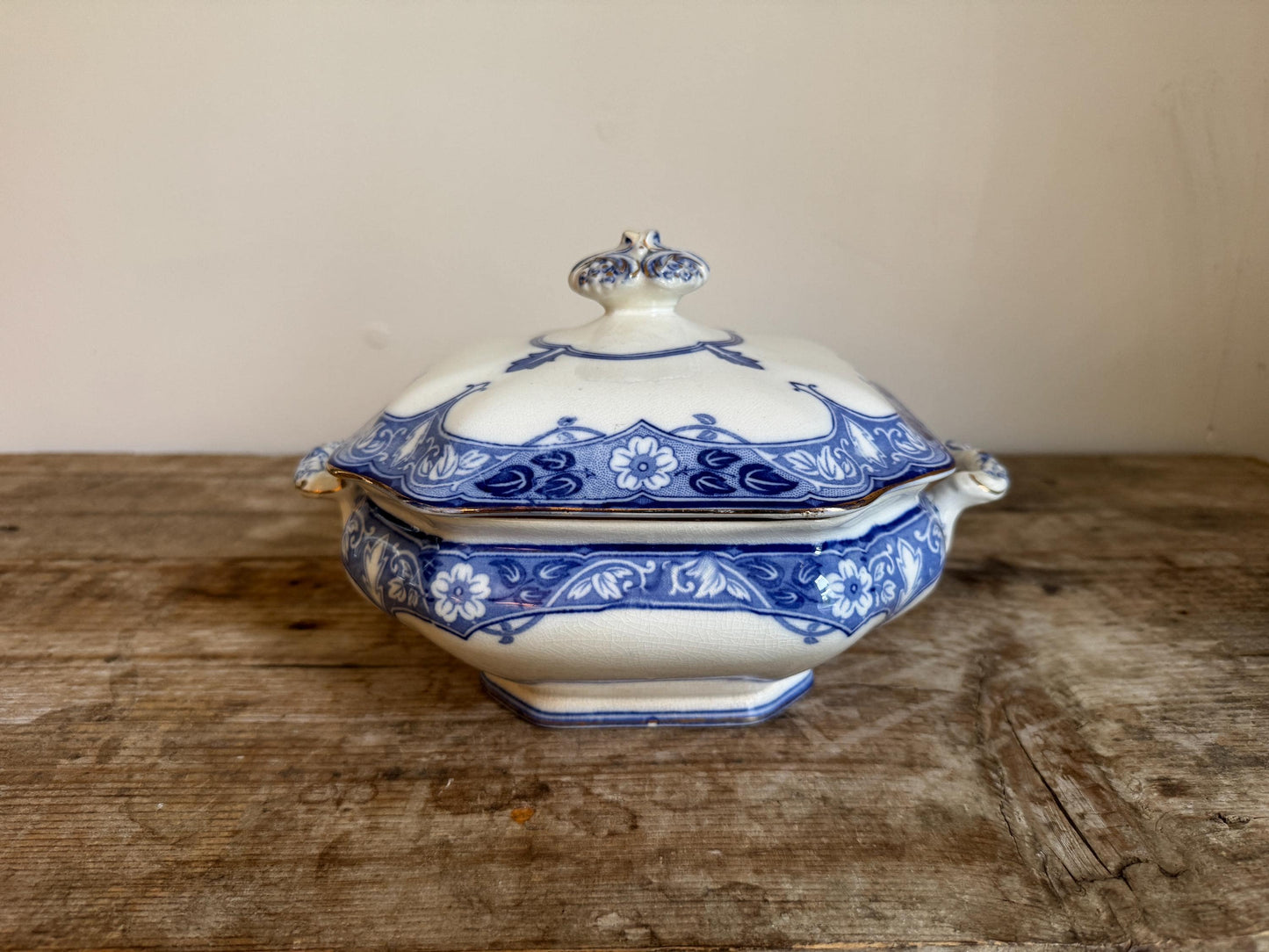 Antique Burgess & Leigh Haddon Burleighware Covered Flow Blue Ironstone Covered Vegetable Dish Tureen