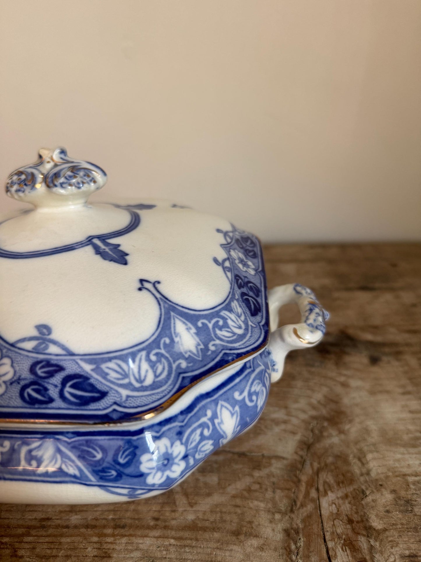 Antique Burgess & Leigh Haddon Burleighware Covered Flow Blue Ironstone Covered Vegetable Dish Tureen