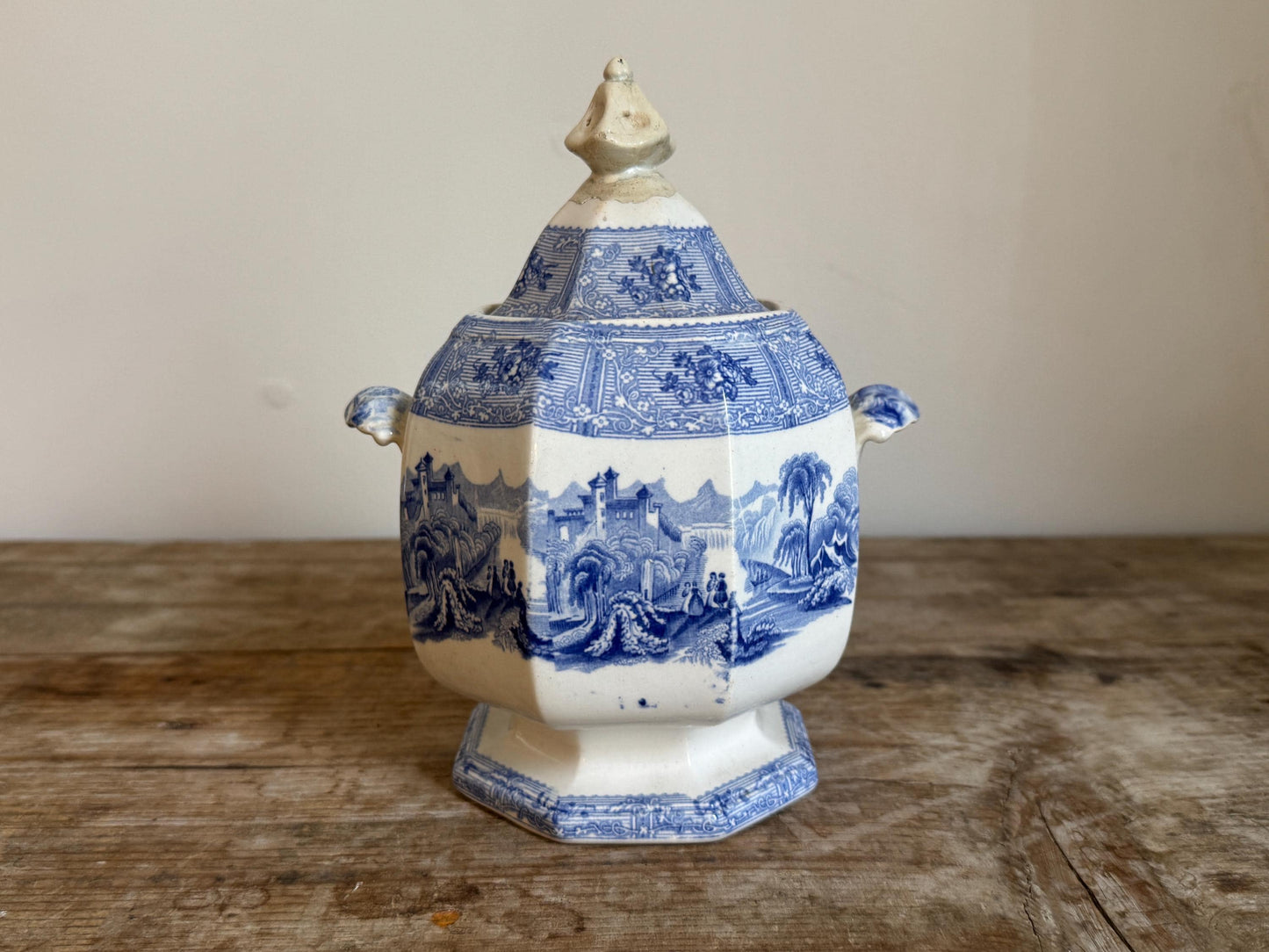 Antique Covered Blue White Ironstone Covered Vegetable Dish Tureen Sugar Bowl