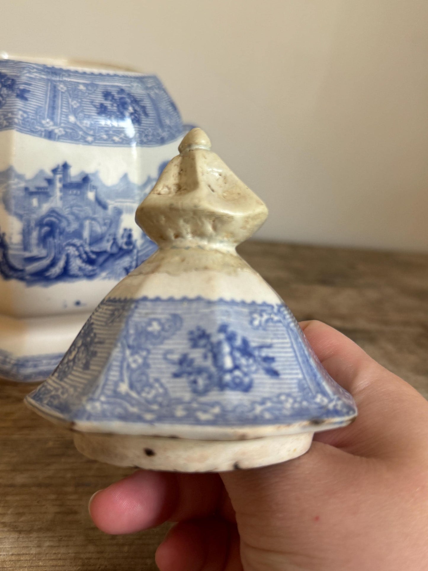Antique Covered Blue White Ironstone Covered Vegetable Dish Tureen Sugar Bowl