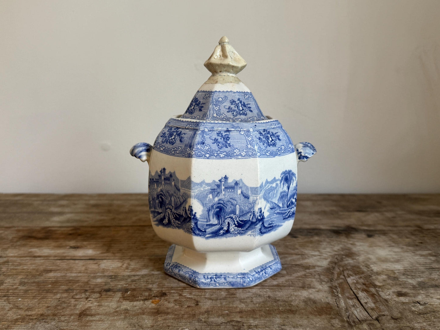 Antique Covered Blue White Ironstone Covered Vegetable Dish Tureen Sugar Bowl