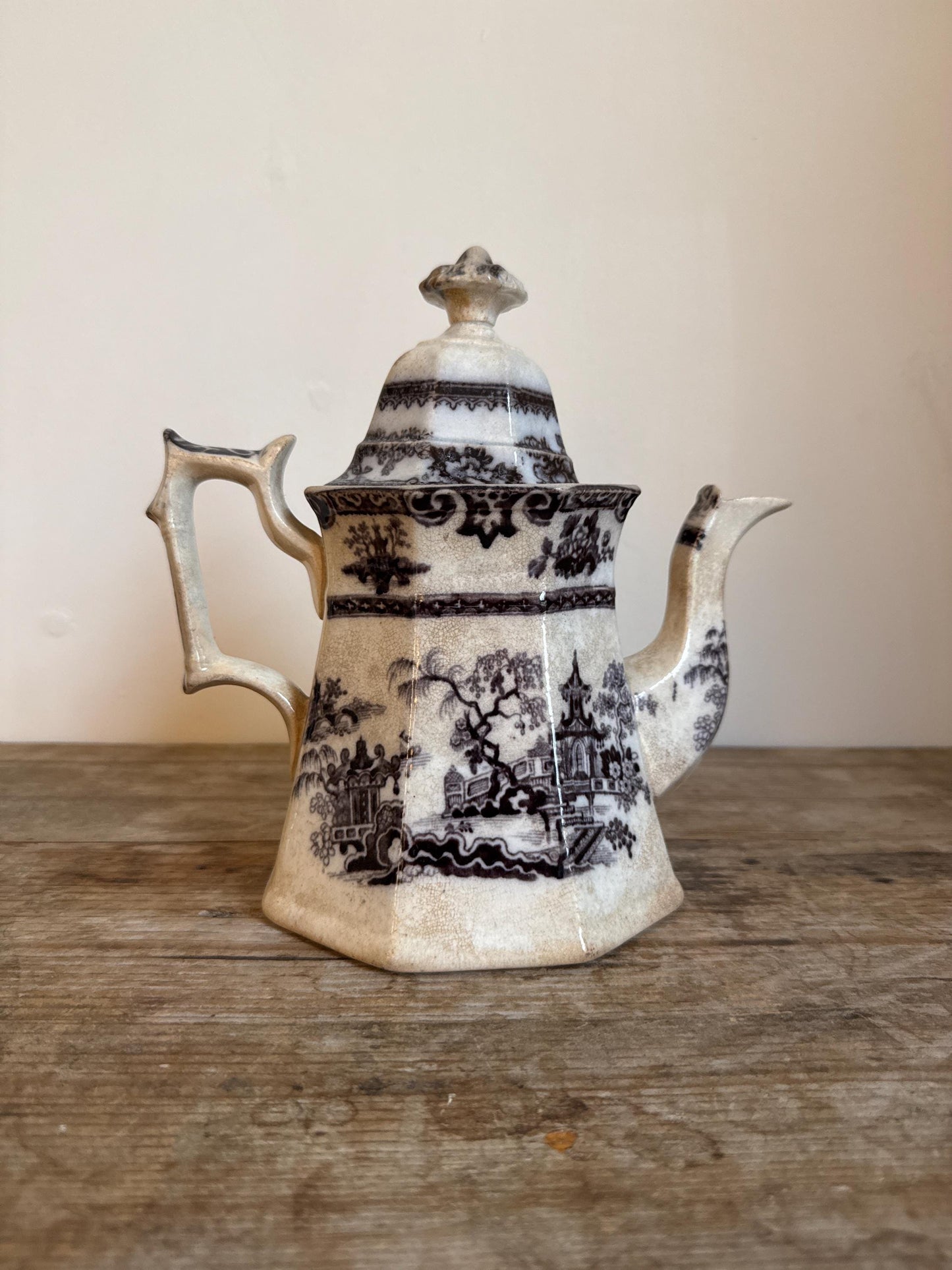 Antique 1800s Teapot English Flow Black White Ironstone Tea Pot Pitcher Crazed Stained
