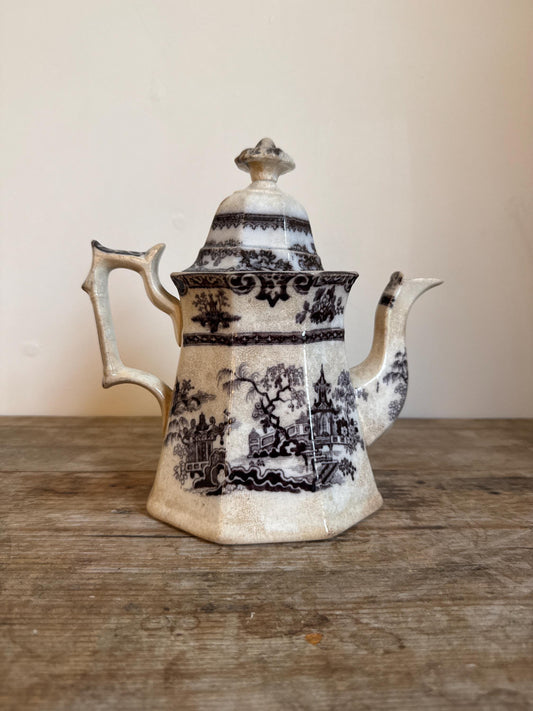 Antique 1800s Teapot English Flow Black White Ironstone Tea Pot Pitcher Crazed Stained