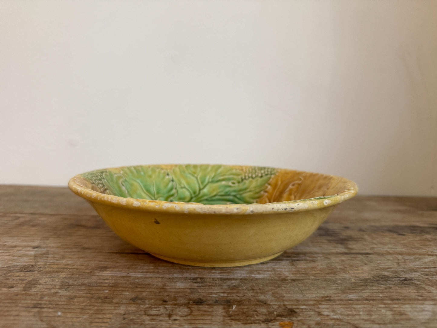 Antique Yellow Green Leaf Distressed Majolica Bowl Shallow