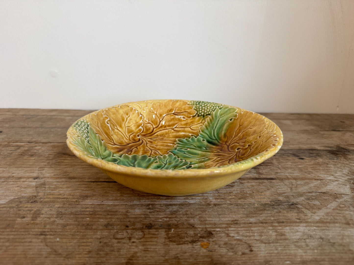 Antique Yellow Green Leaf Distressed Majolica Bowl Shallow