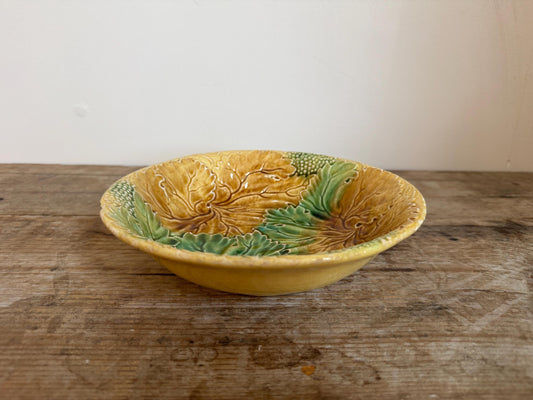 Antique Yellow Green Leaf Distressed Majolica Bowl Shallow