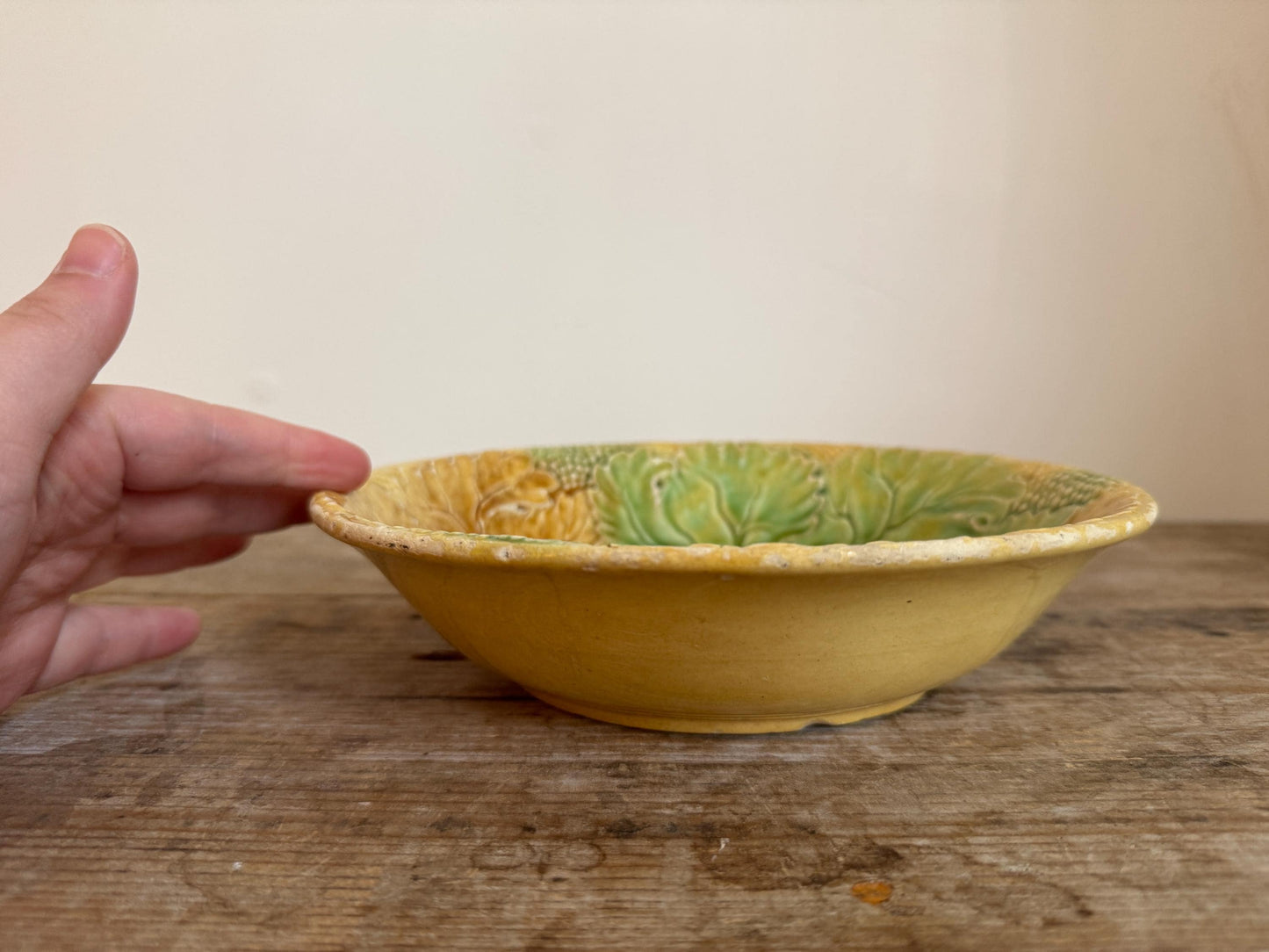 Antique Yellow Green Leaf Distressed Majolica Bowl Shallow