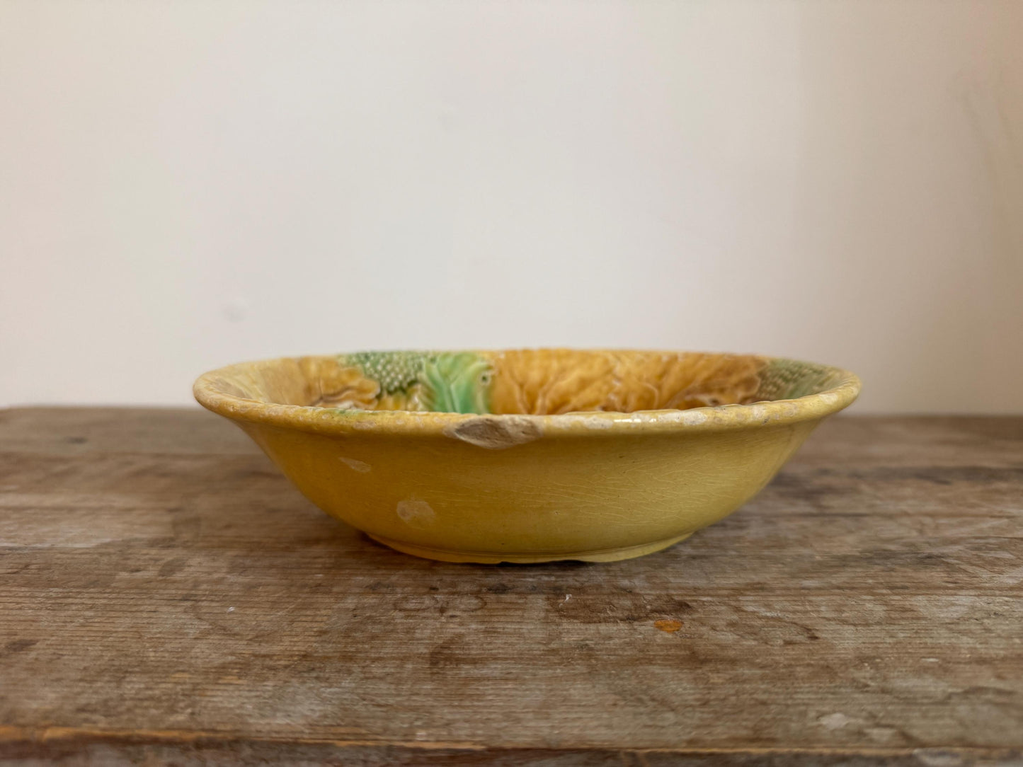 Antique Yellow Green Leaf Distressed Majolica Bowl Shallow