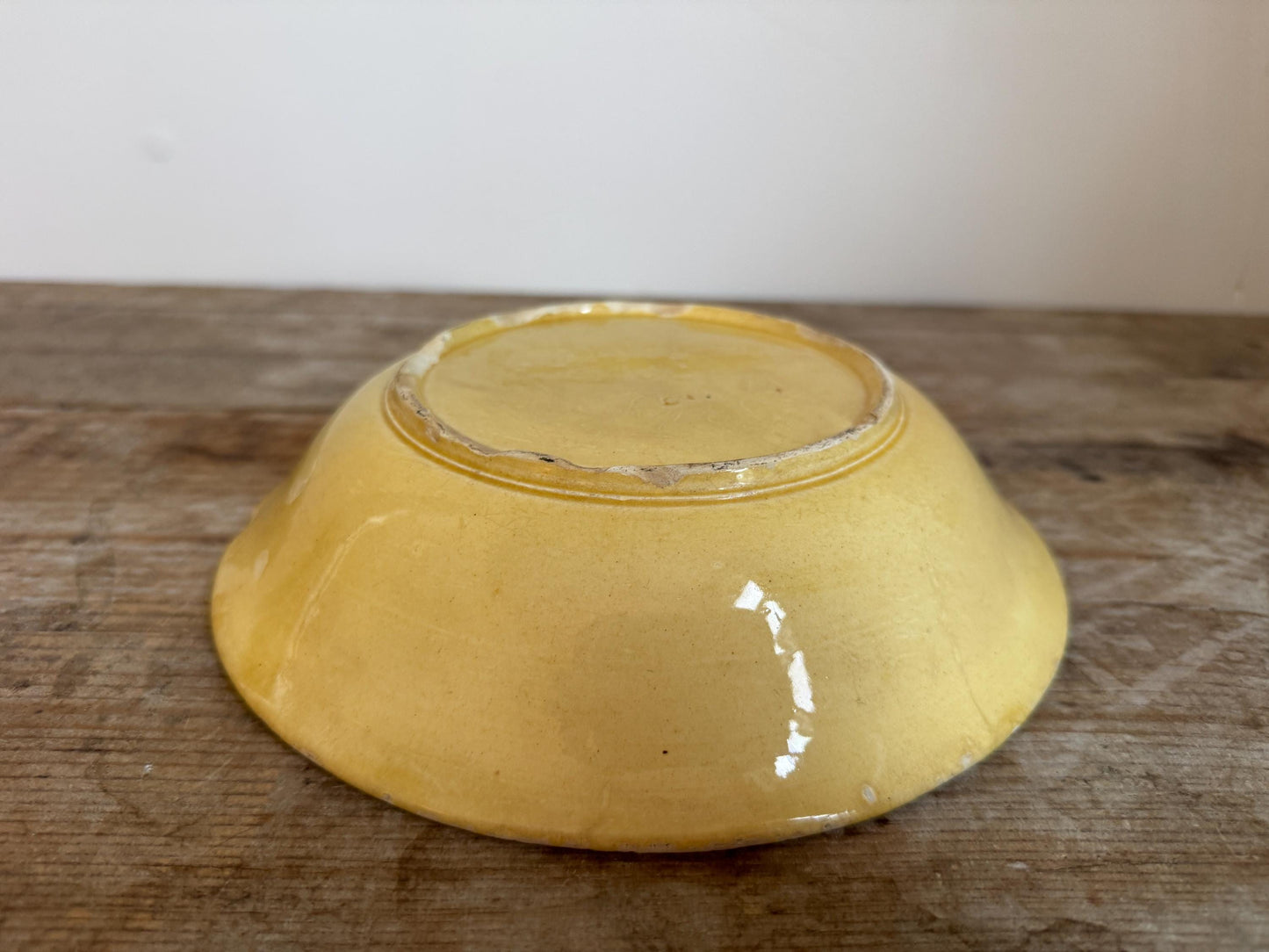 Antique Yellow Green Leaf Distressed Majolica Bowl Shallow