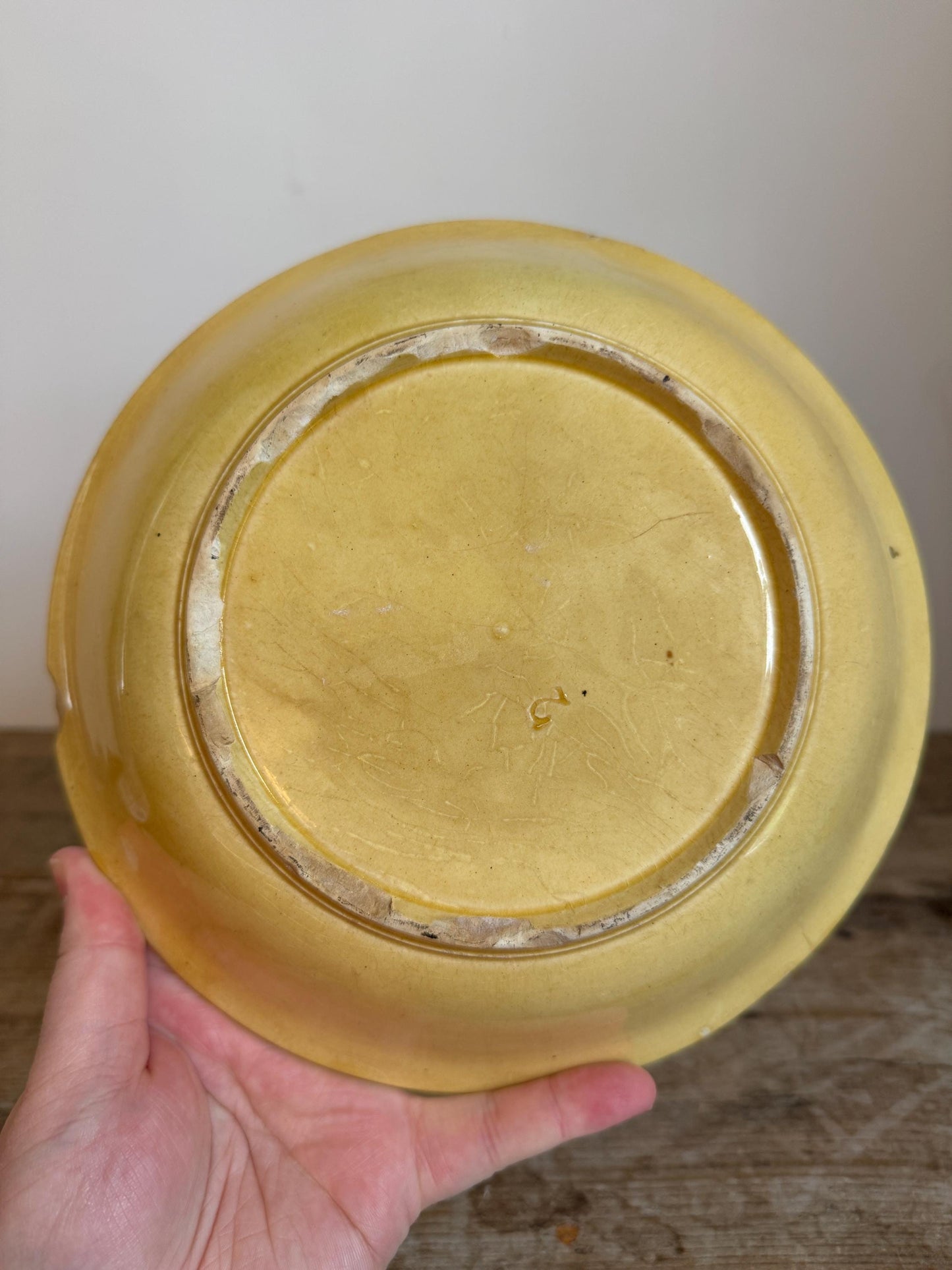 Antique Yellow Green Leaf Distressed Majolica Bowl Shallow
