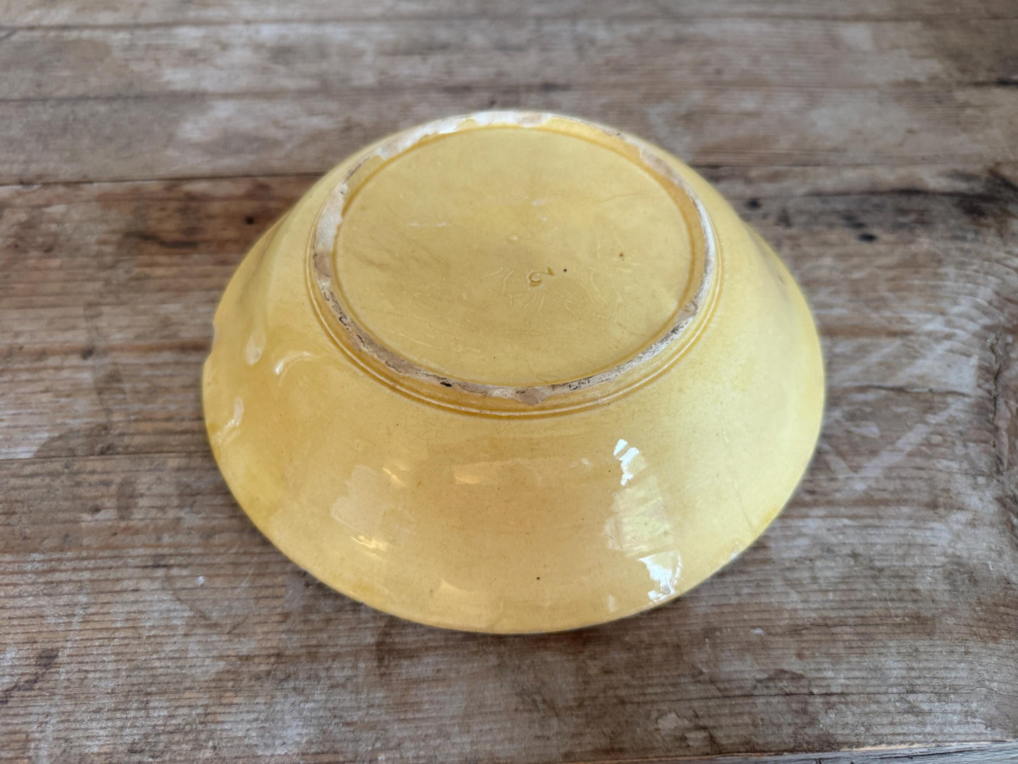 Antique Yellow Green Leaf Distressed Majolica Bowl Shallow