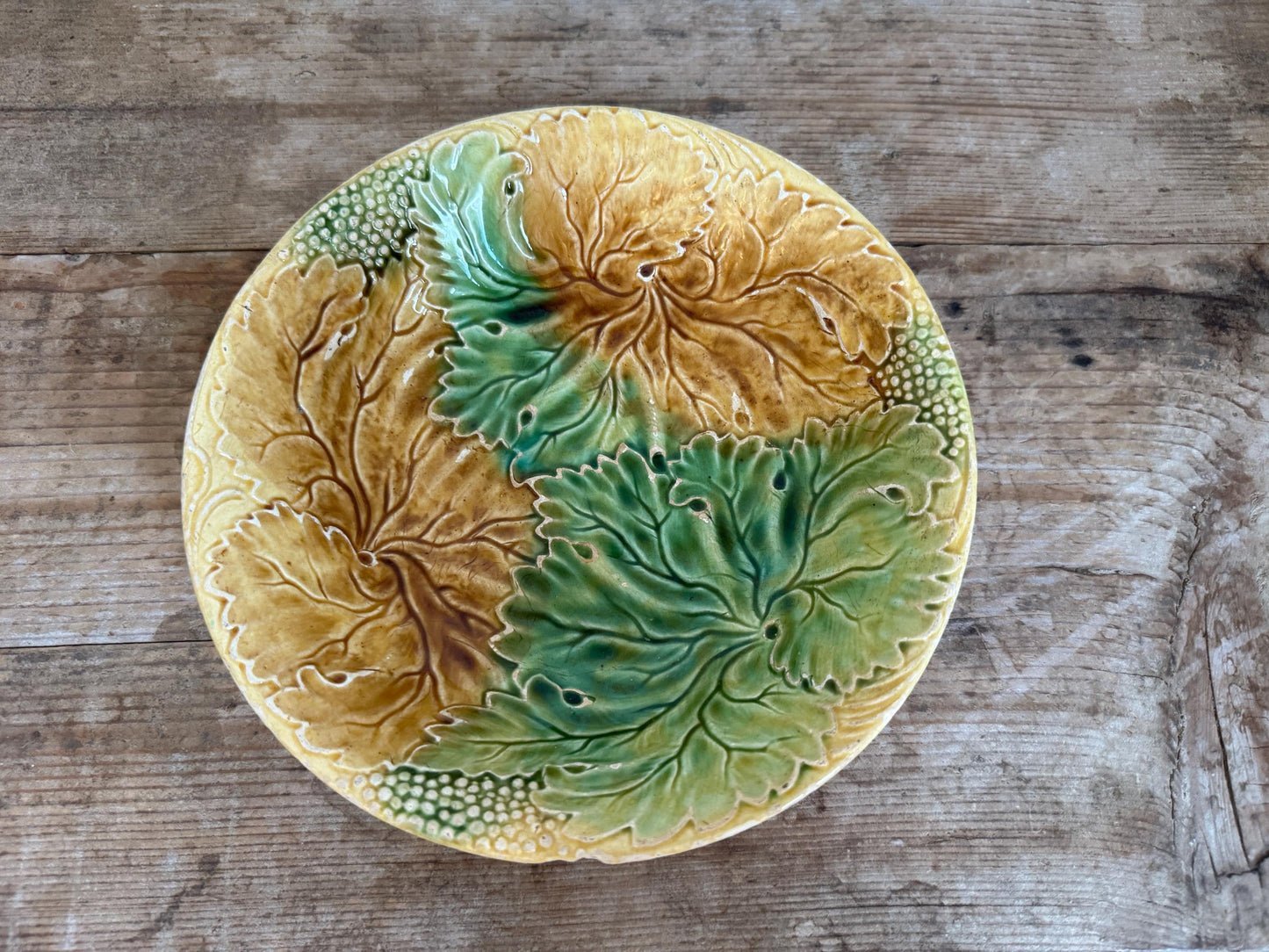 Antique Yellow Green Leaf Distressed Majolica Bowl Shallow