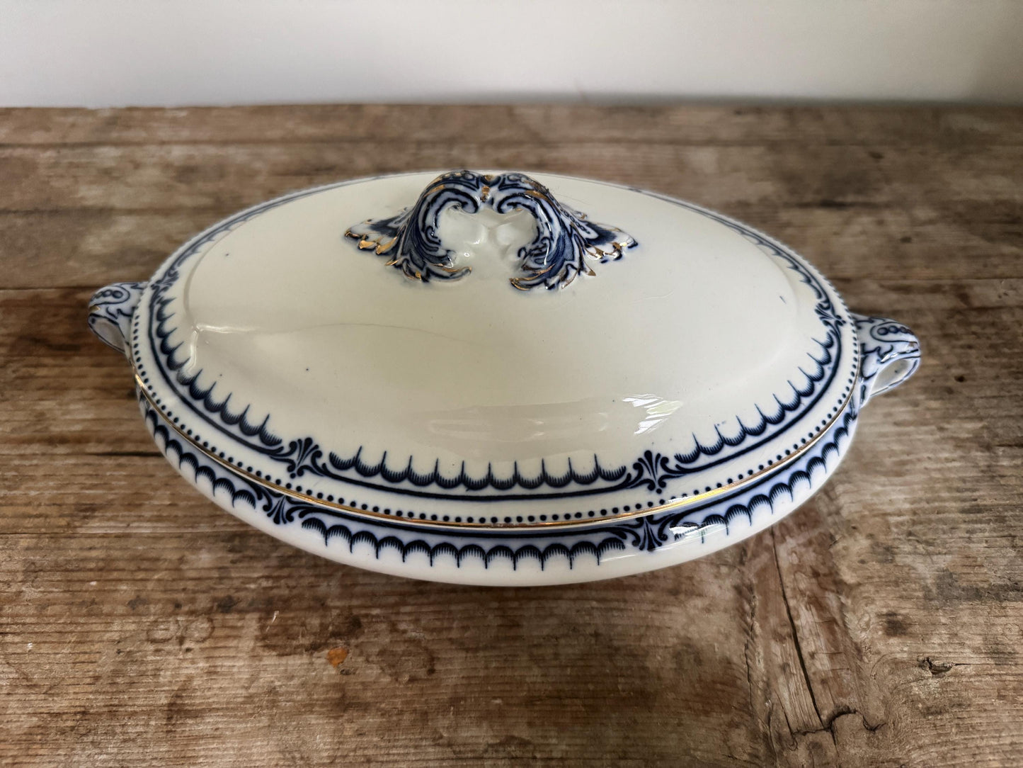 Antique Booths Simplex Blue and White Oval Covered Vegetable Dish Ironstone