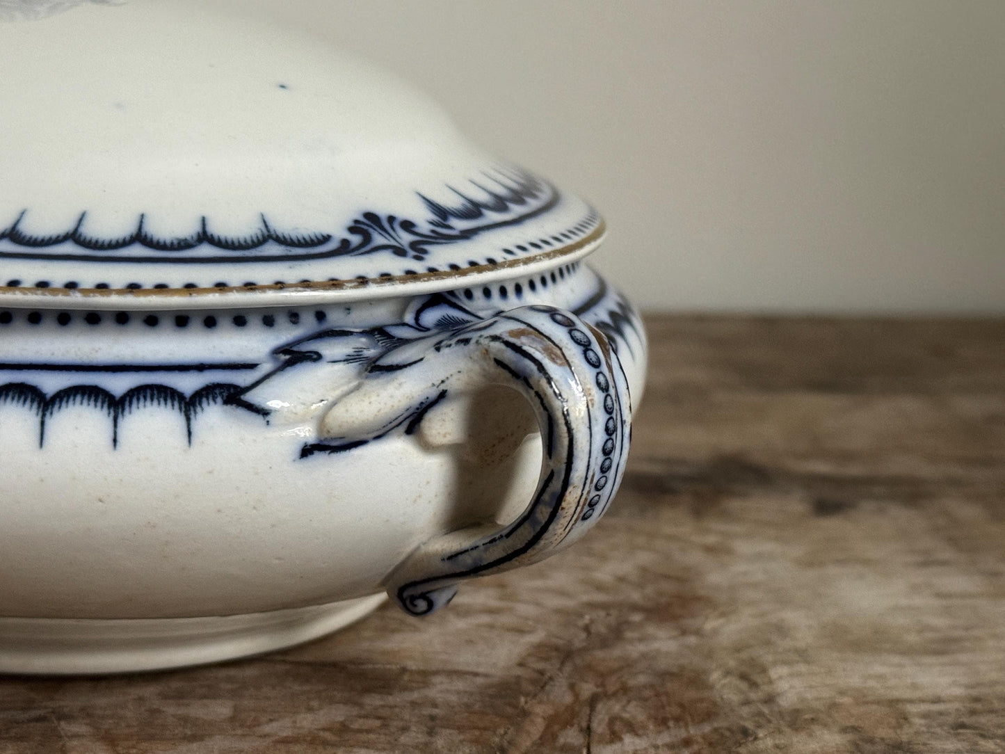 Antique Booths Simplex Blue and White Oval Covered Vegetable Dish Ironstone