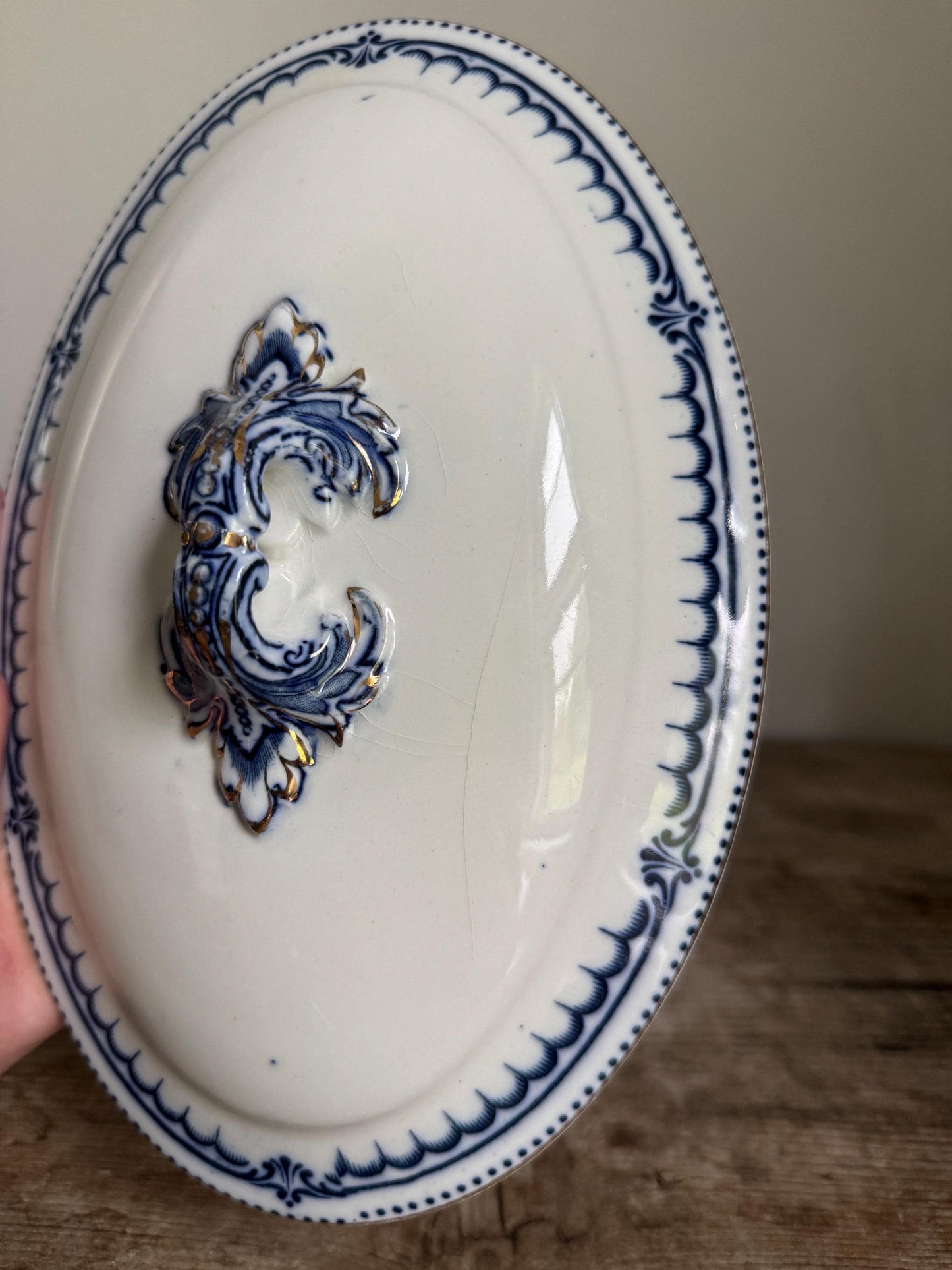 Antique Booths Simplex Blue and White Oval Covered Vegetable Dish Ironstone