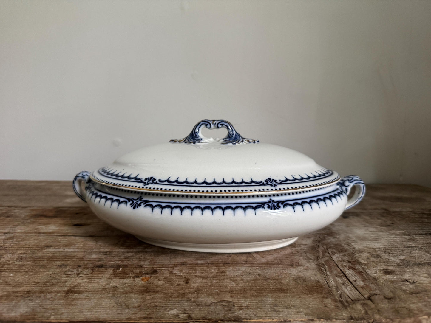 Antique Booths Simplex Blue and White Oval Covered Vegetable Dish Ironstone