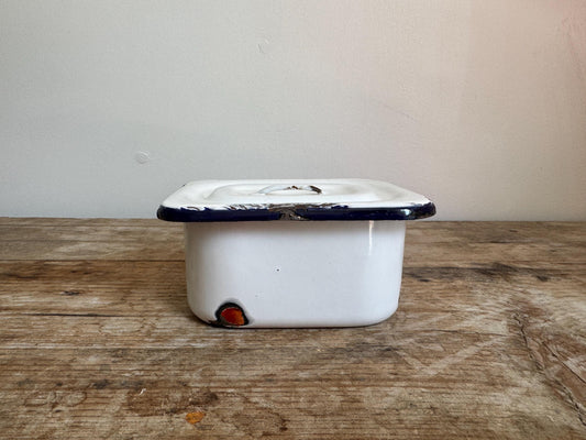 Vintage White Navy Blue Enamelware Refrigerator Dish Box Distressed Case Metal