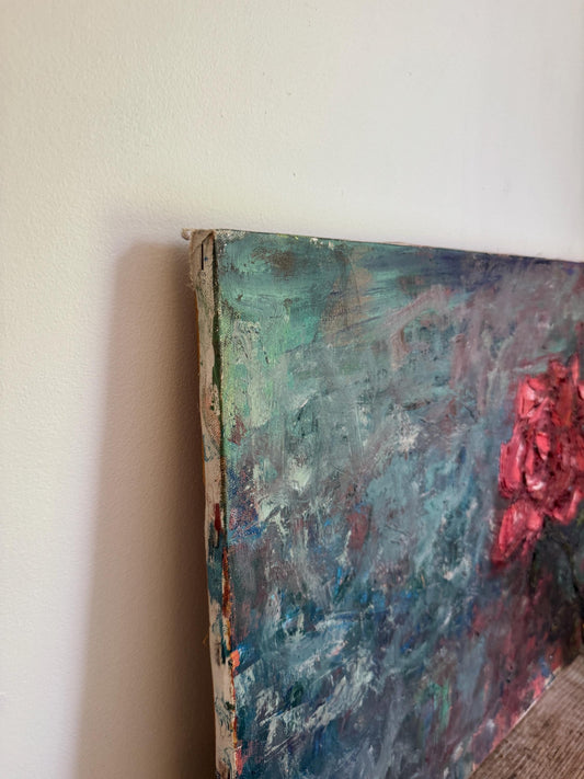 Vintage Impasto Rose Expressionist Floral Art Stretched Canvas 18x24" Original