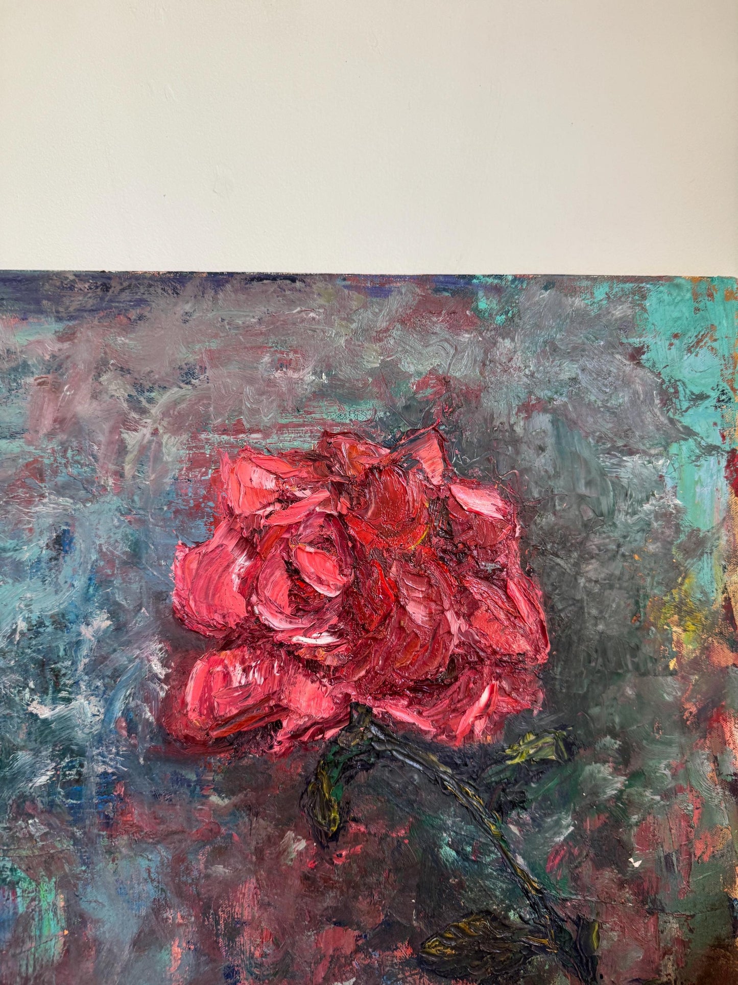 Vintage Impasto Rose Expressionist Floral Art Stretched Canvas 18x24" Original