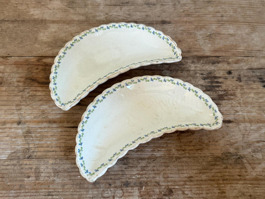 Antique Blue Green Crescent Transfer Ware Crazed White Small Serving Piece Ironstone Catchall Tray Bone Dish Manger
