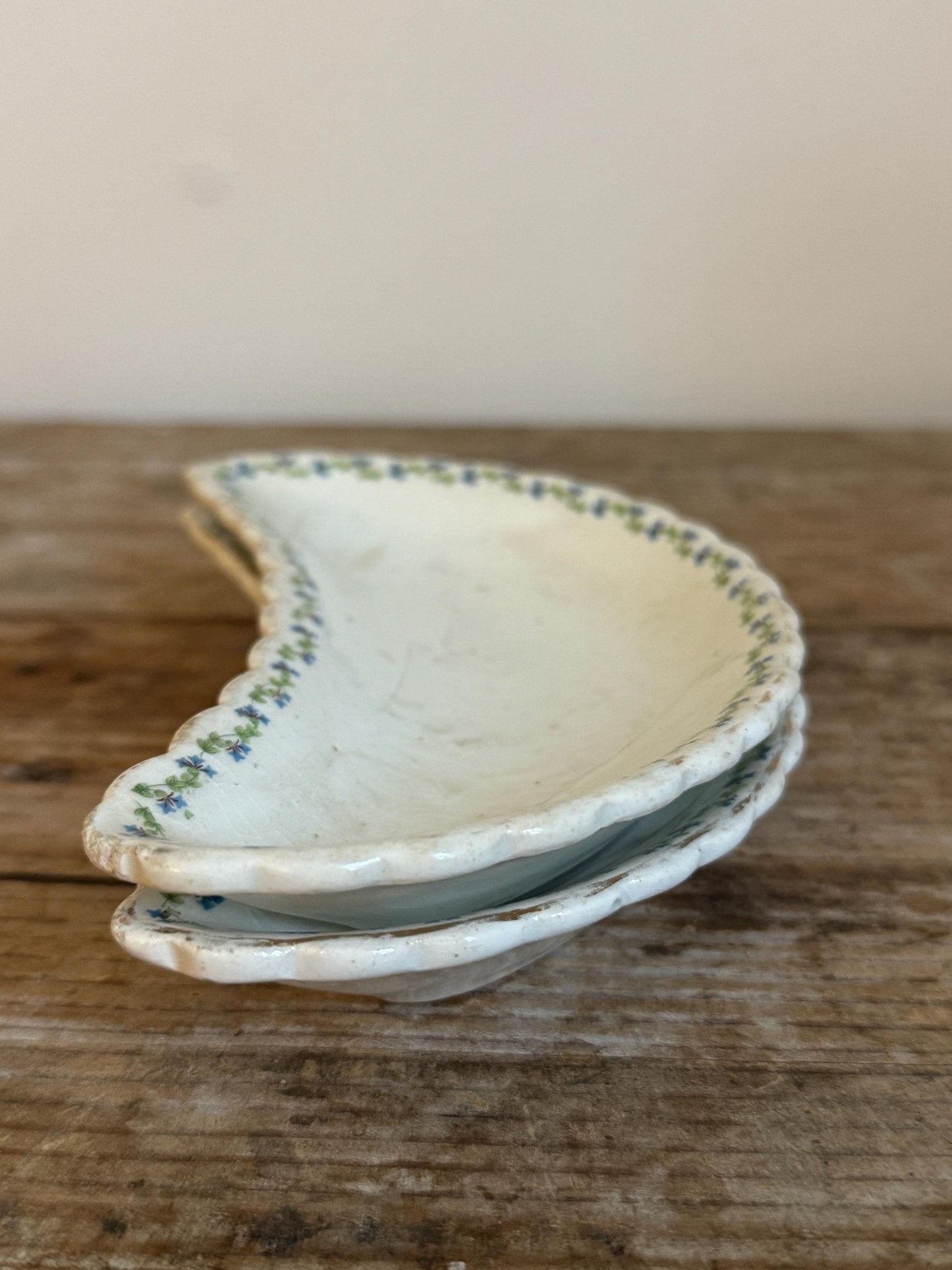 Antique Blue Green Crescent Transfer Ware Crazed White Small Serving Piece Ironstone Catchall Tray Bone Dish Manger