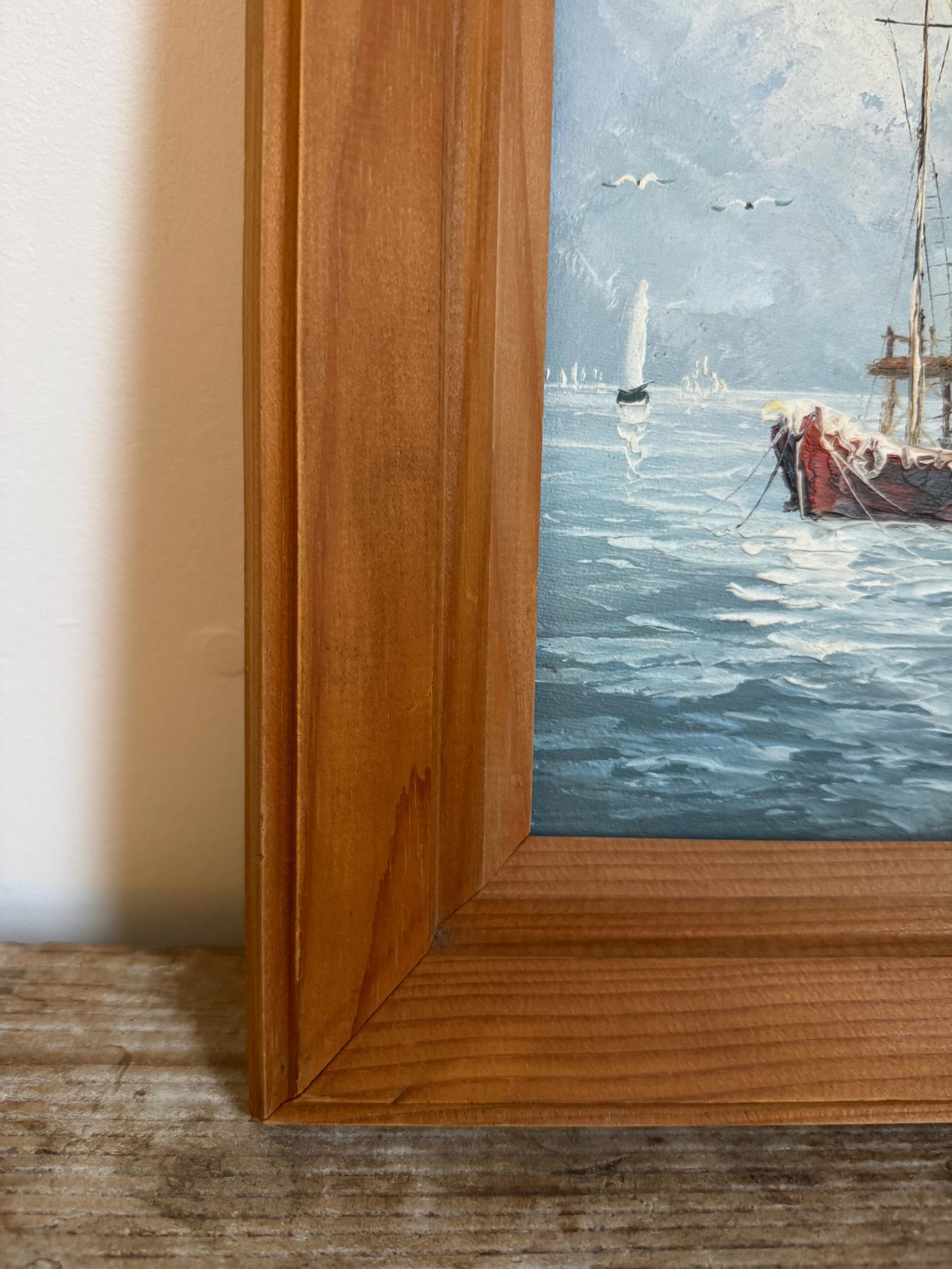 Framed Water Boats Coastal Ocean Painting Framed Vintage Wall Art in Frame