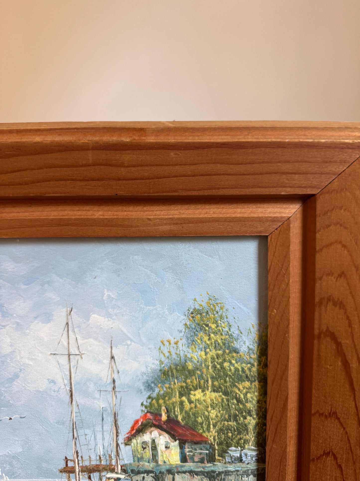 Framed Water Boats Coastal Ocean Painting Framed Vintage Wall Art in Frame