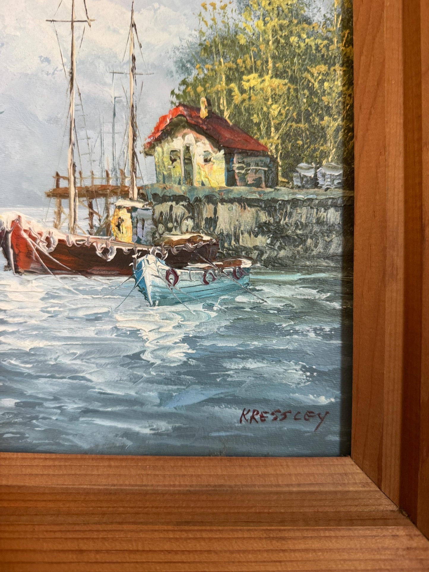 Framed Water Boats Coastal Ocean Painting Framed Vintage Wall Art in Frame