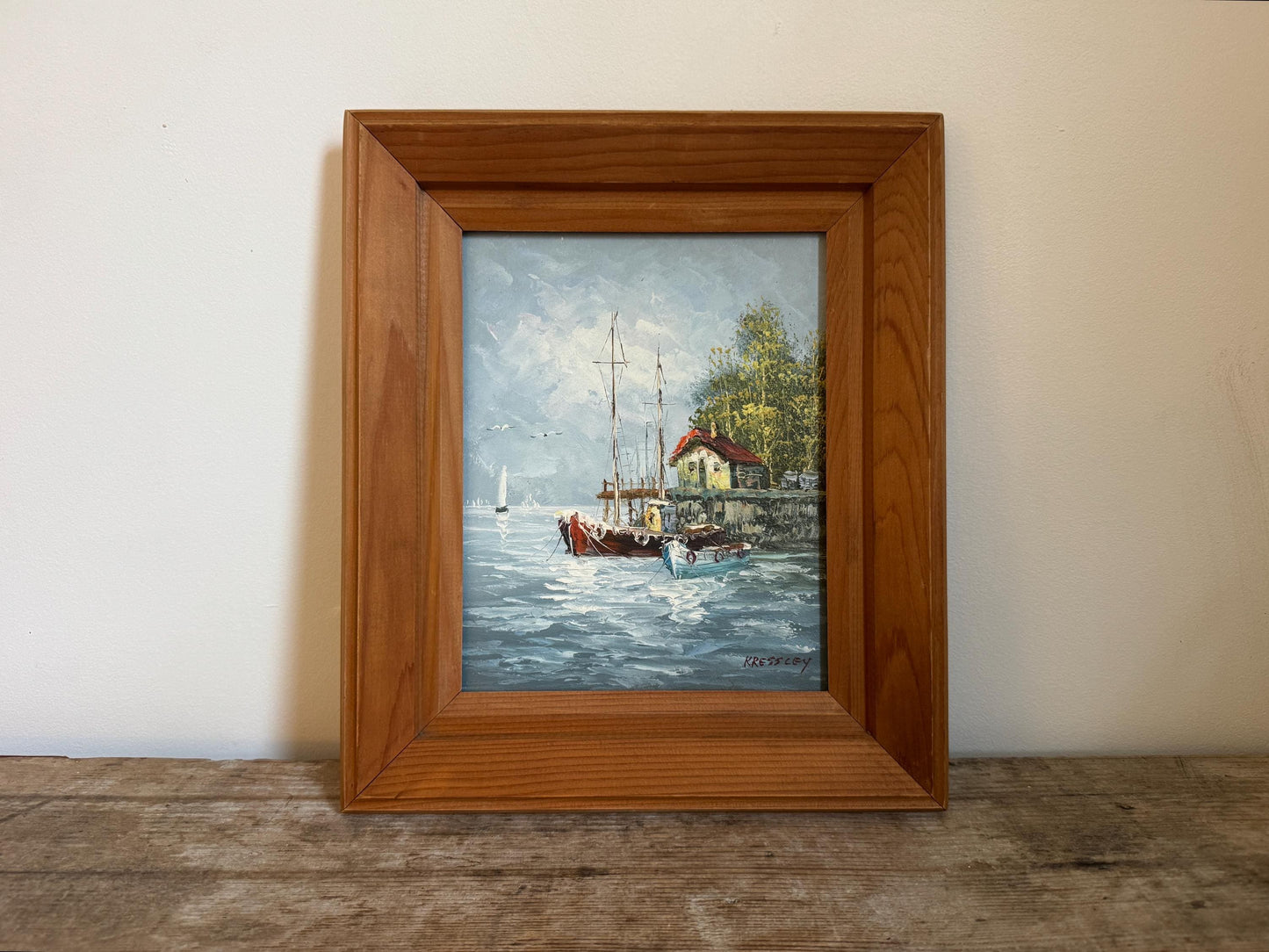 Framed Water Boats Coastal Ocean Painting Framed Vintage Wall Art in Frame