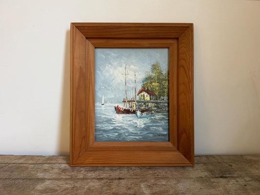 Framed Water Boats Coastal Ocean Painting Framed Vintage Wall Art in Frame