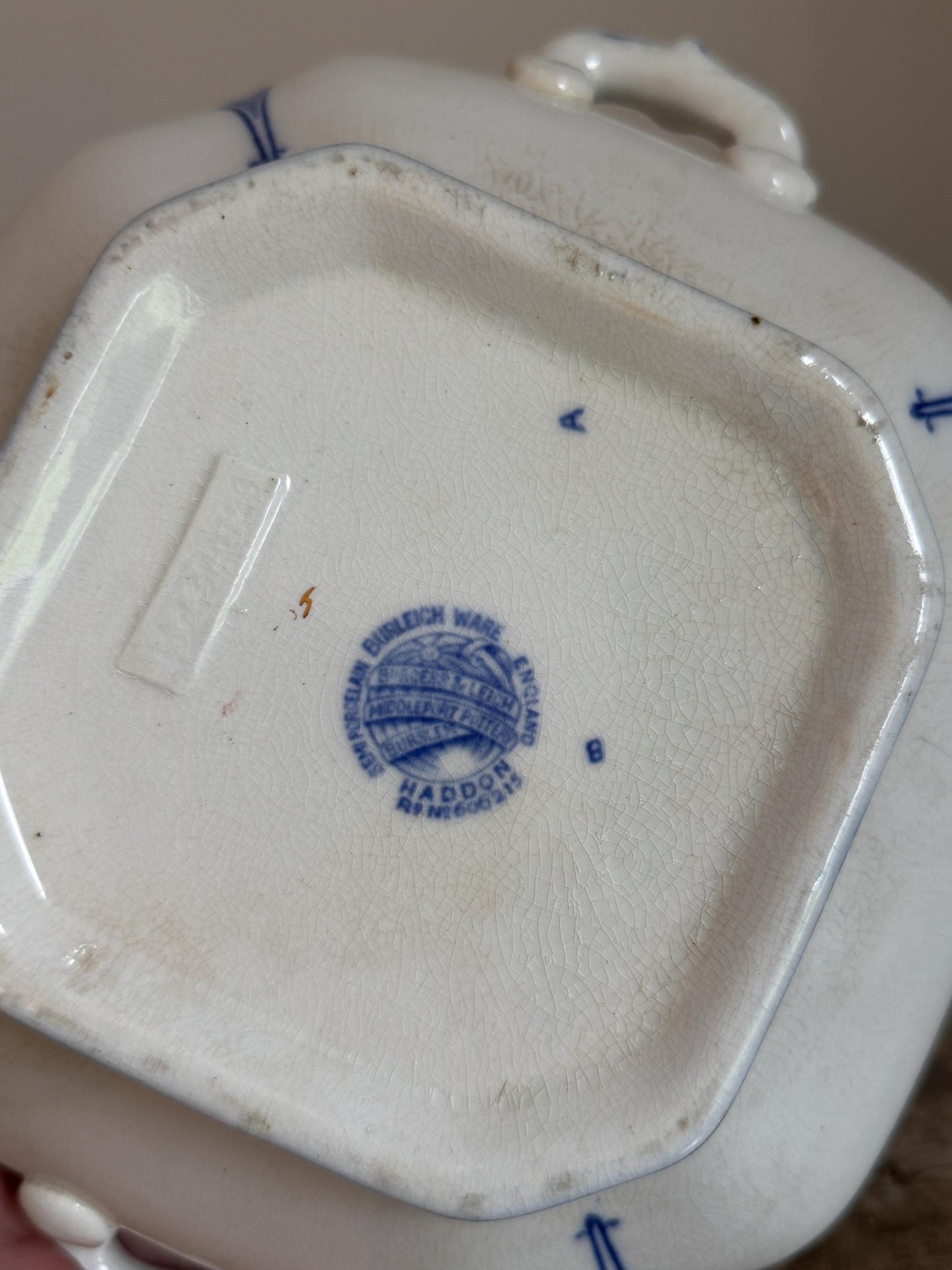 Antique Burgess & Leigh Haddon Burleighware Covered Flow Blue Ironstone Covered Vegetable Dish Tureen