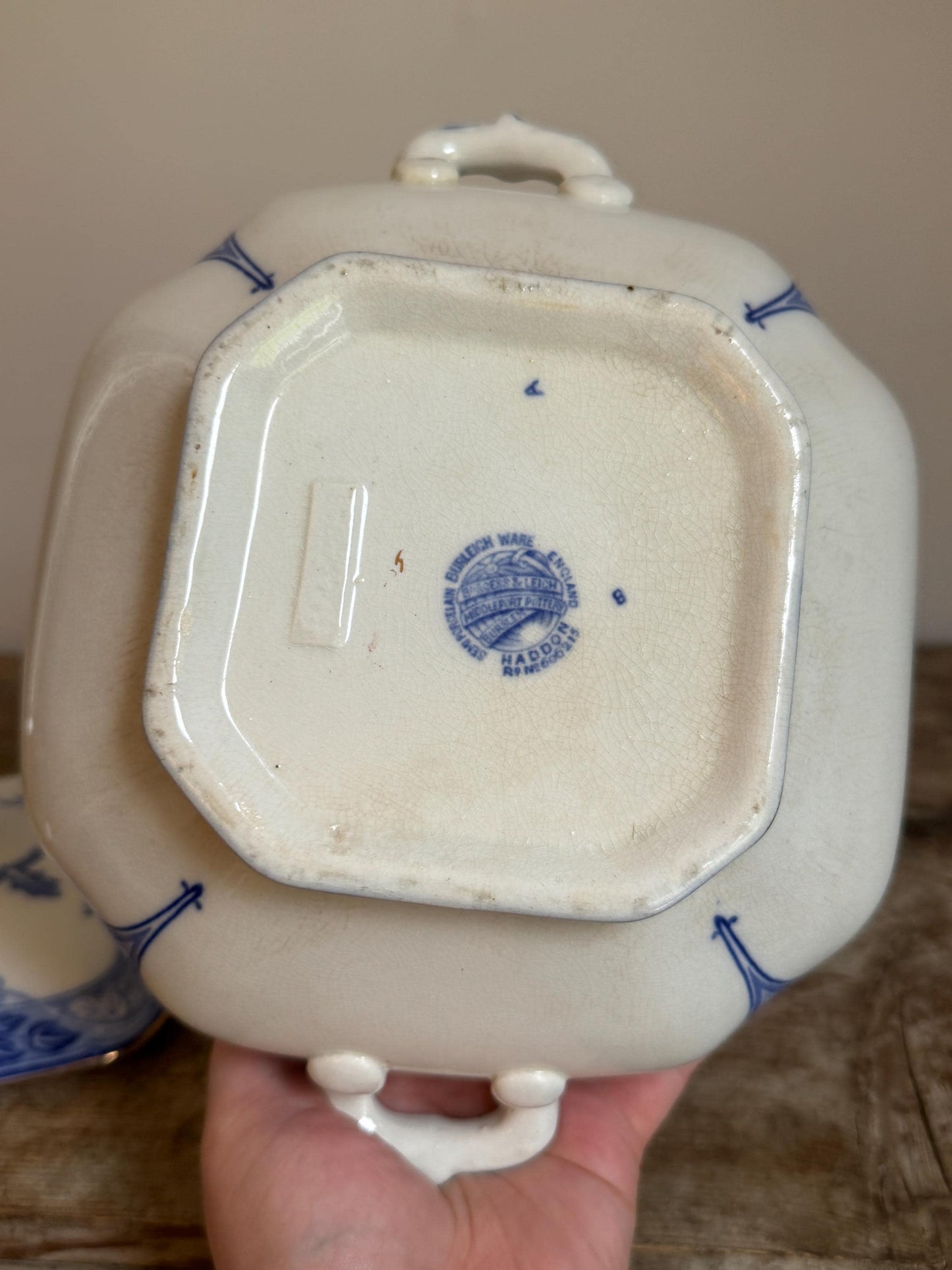 Antique Burgess & Leigh Haddon Burleighware Covered Flow Blue Ironstone Covered Vegetable Dish Tureen