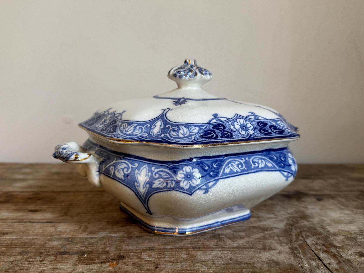 Antique Burgess & Leigh Haddon Burleighware Covered Flow Blue Ironstone Covered Vegetable Dish Tureen