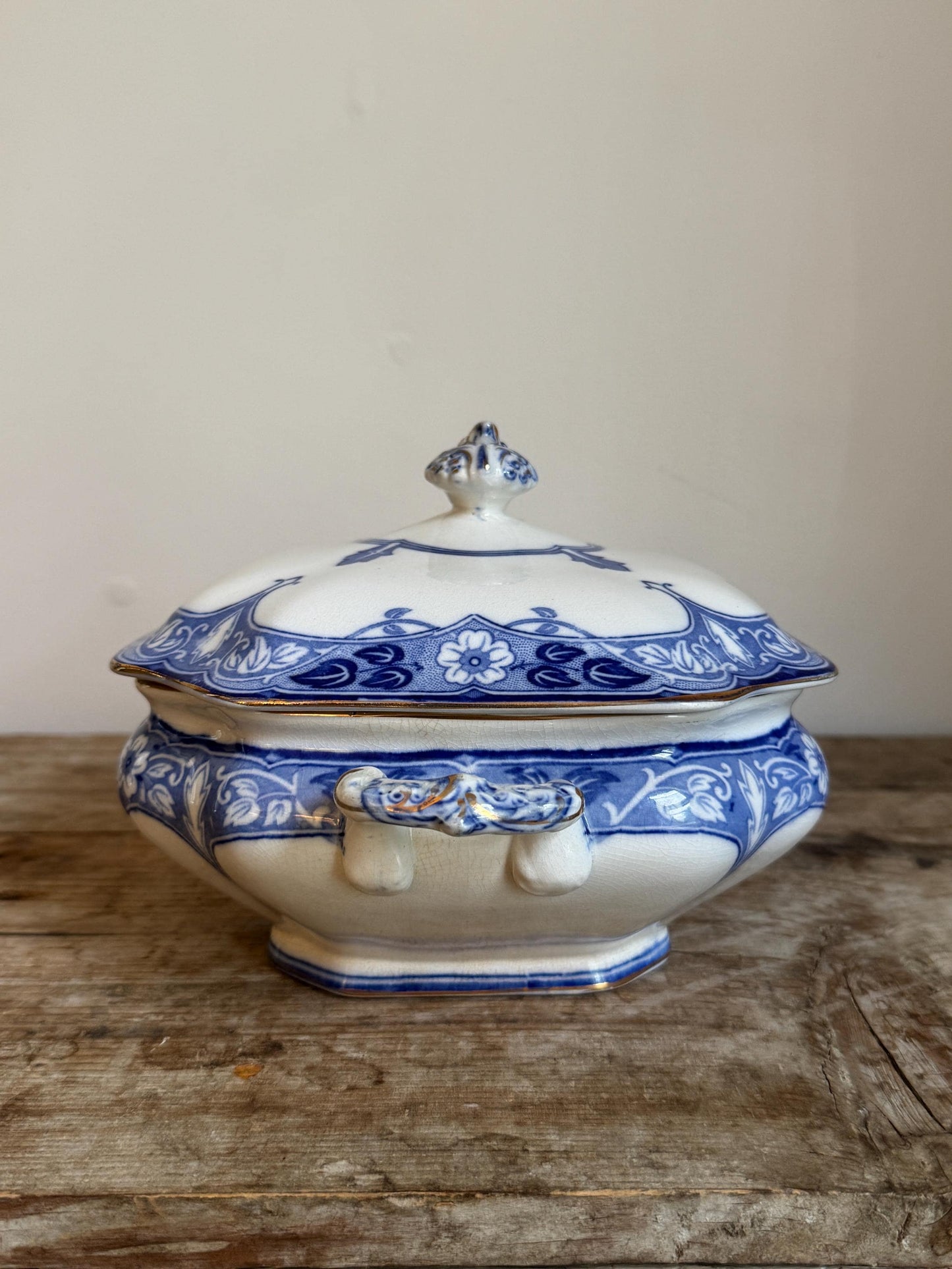 Antique Burgess & Leigh Haddon Burleighware Covered Flow Blue Ironstone Covered Vegetable Dish Tureen